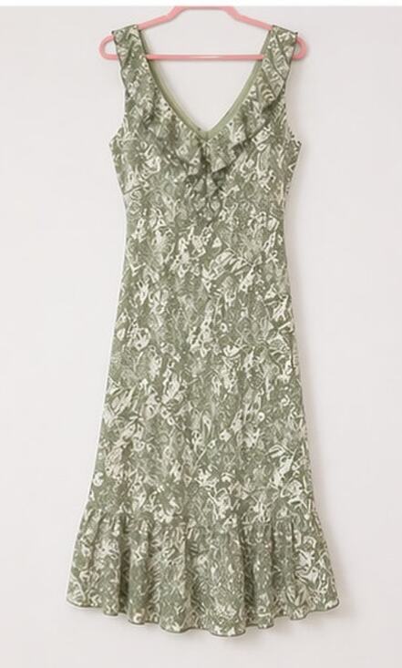 jonathan martin Dresses & Skirts - Jonathan Martin Studio Green Flounce Floral Midi Dress 100% Silk Ruffle Neck 12